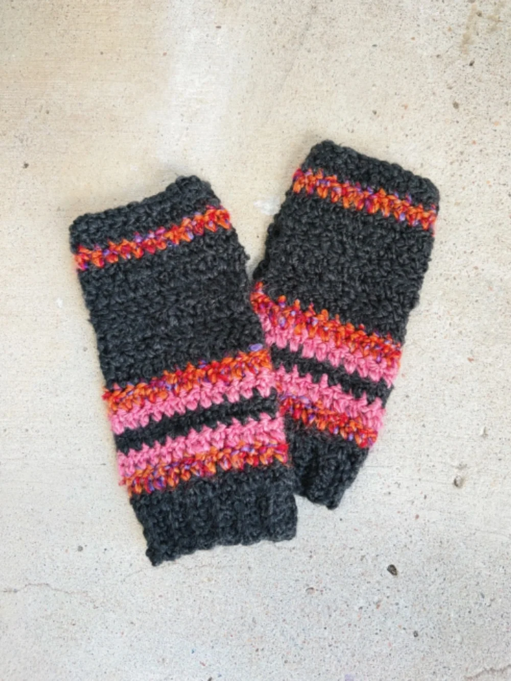 Handmade Crocheted Fingerless Gloves in Black, Orange, and Pink